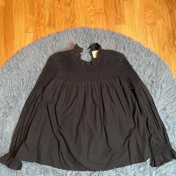 Anthropologie Maeve Black Modern Peasant Blouse Smocked Neckline Size 6 - Picture 2 of 7